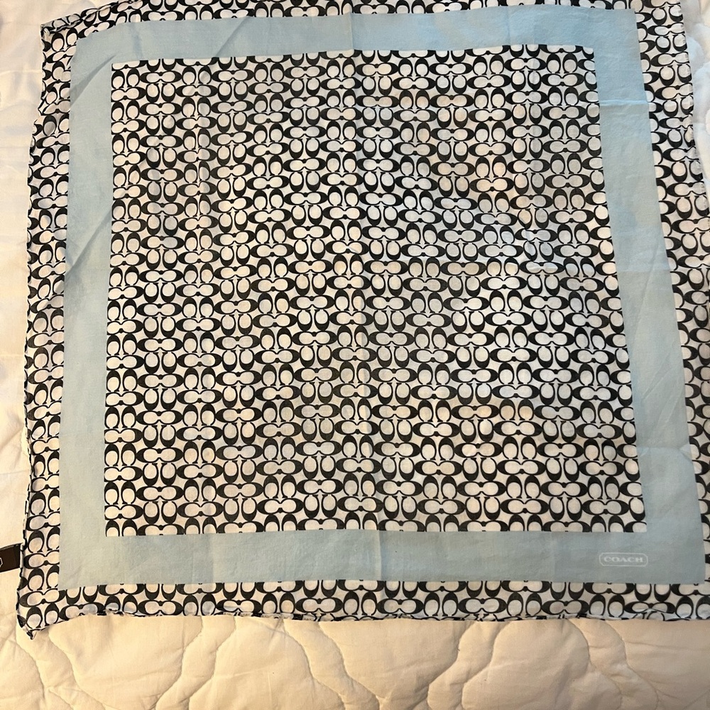 Coach Black and White Patterned Square Scarf with Blue Accent